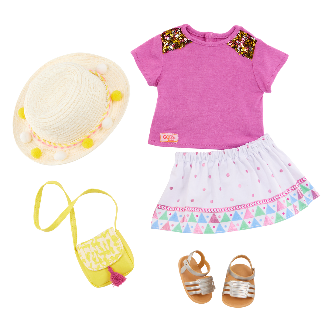 Vacation Style - Summer Holiday Outfit for OG Dolls - Top, Skirt, Bag, Summer Hat & Sandals - Our Generation UK