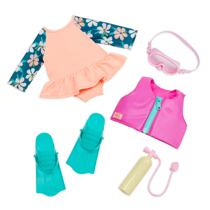 Scuba Season - 46cm Doll Beach Outfit - Swimwear, Flippers & Goggles for Dolls - Our Generation UK