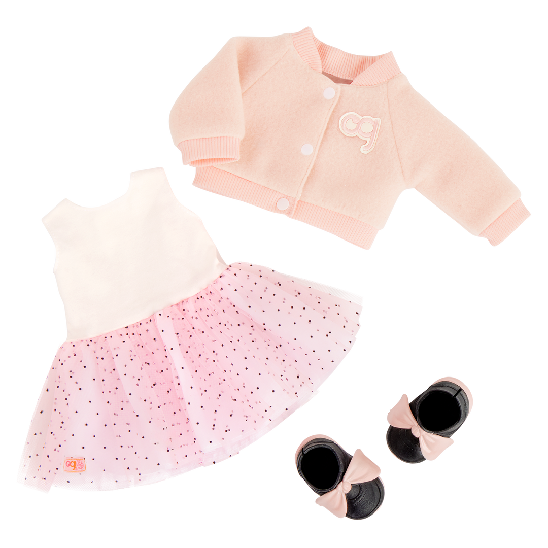 Ballet Academy - Clothes for 46cm Dolls - Pink Dress & Varsity Jacket - Outfits - Our Generation