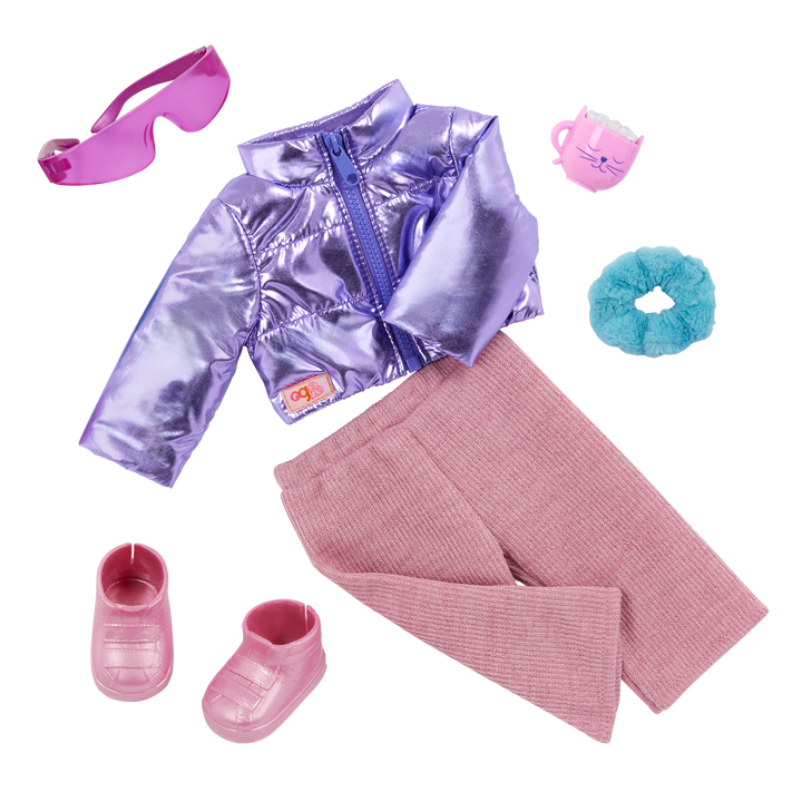 Puffy & Comfy - Winter Outfit for 46cm Dolls - Purple Coat & Pink Trousers - Doll Clothes - Our Generation UK