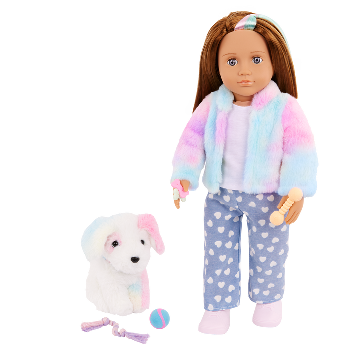 Skylar & Bow - 46cm Doll & Pet Puppy - OG Doll with Brown Hair & Violet Eyes - Pet Puppy with Colourful Fur - Toys & Gifts for Kids - Our Generation UK