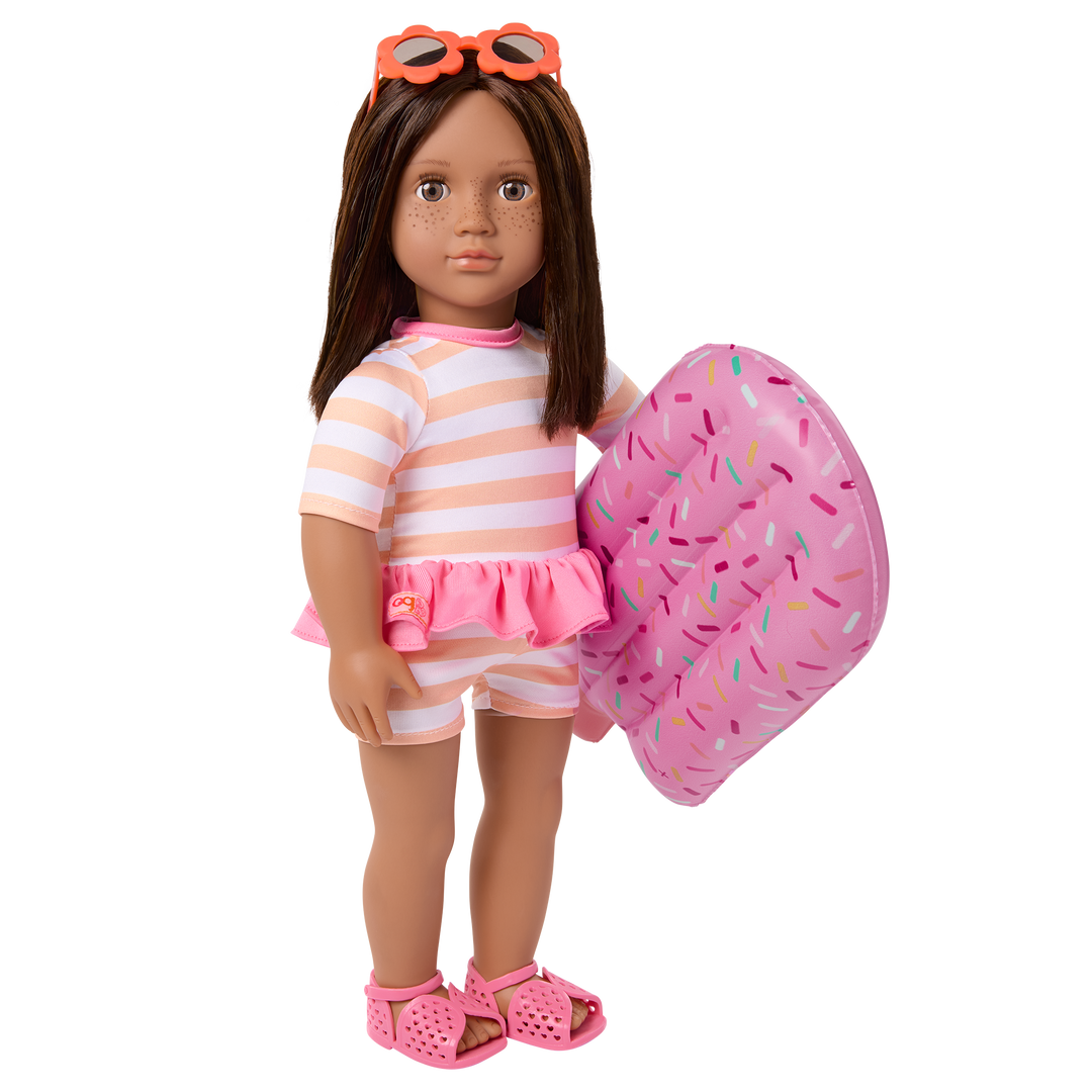 Helena - 46cm Holiday Doll - OG Doll with Brown Hair & Eyes - Swimming Costumer, Pool Float & Sunglasses - Toys & Gifts for Kids - Our Generation