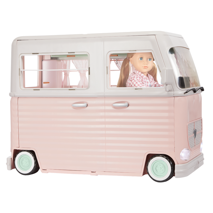RV Country Cruising Camper - Pink Camper for 46cm Dolls - Functioning Lights, Sounds & Wipers - Food Accessories - Vehicles for Dolls - Our Generation