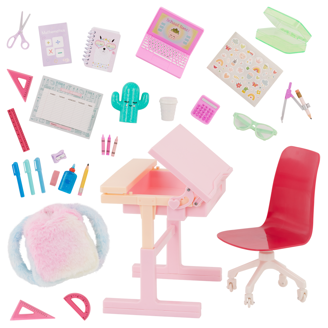 School Room - 46cm Pink Doll Desk & School Accessories - Doll Desk, Chair & Laptop - Our Generation UK