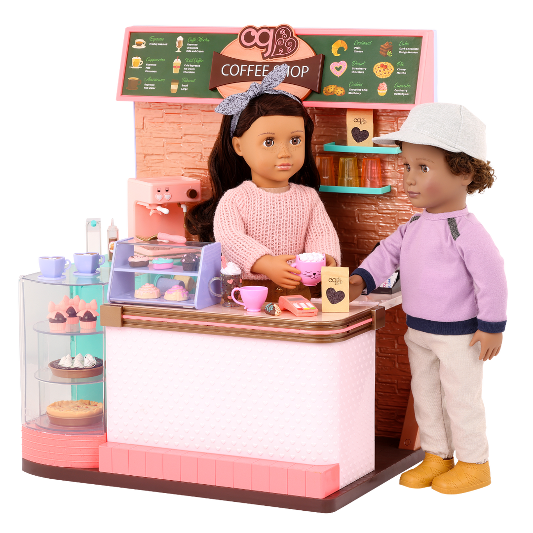 Love U Latte - Coffee Shop Playset for Dolls - Fully Stocked Shop - Food Accessories for Dolls - Playset with Sounds - 60 Accessories - Our Generation UK