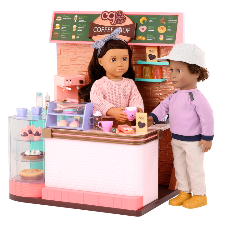 Love U Latte - Coffee Shop Playset for Dolls - Fully Stocked Shop - Food Accessories for Dolls - Playset with Sounds - 60 Accessories - Our Generation UK