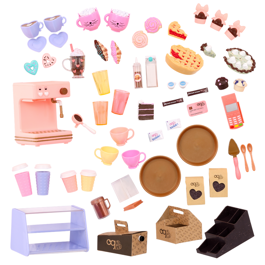 Love U Latte - Coffee Shop Playset for Dolls - Fully Stocked Shop - Food Accessories for Dolls - Playset with Sounds - 60 Accessories - Our Generation UK