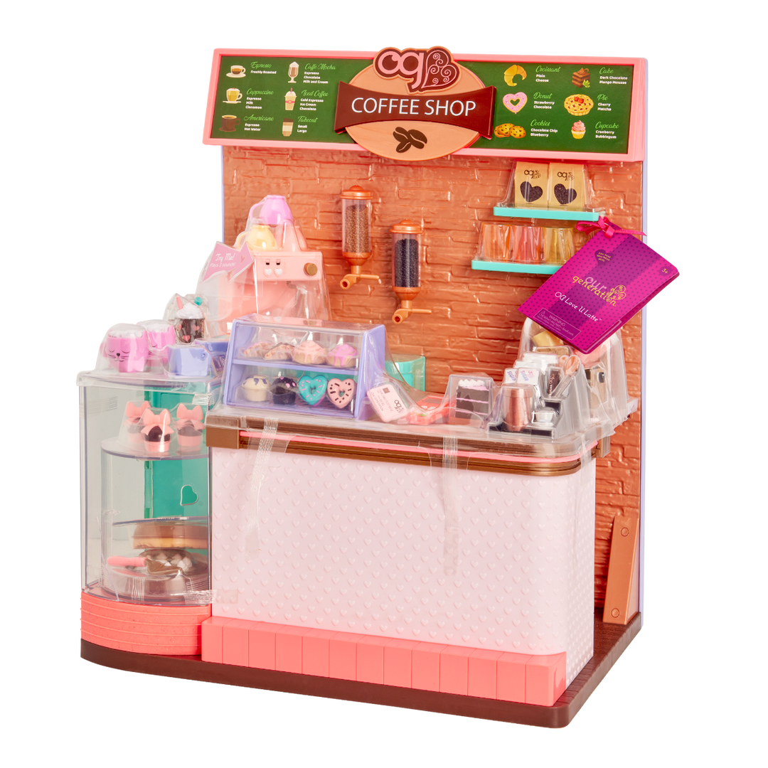 Love U Latte - Coffee Shop Playset for Dolls - Fully Stocked Shop - Food Accessories for Dolls - Playset with Sounds - 60 Accessories - Our Generation UK