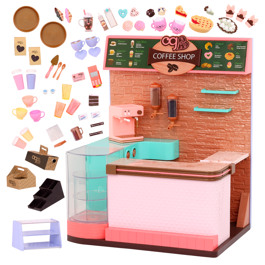 Love U Latte - Coffee Shop Playset for Dolls - Fully Stocked Shop - Food Accessories for Dolls - Playset with Sounds - 60 Accessories - Our Generation UK