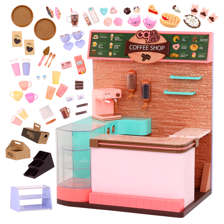 Love U Latte - Coffee Shop Playset for Dolls - Fully Stocked Shop - Food Accessories for Dolls - Playset with Sounds - 60 Accessories - Our Generation UK