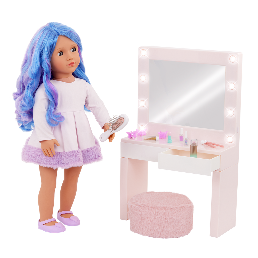 Glam & Glow Vanity Set - Pale Pink Dressing Table with Pouffe & Accessories - Vanity with Lights - Doll Furniture - Accessories for 46cm Dolls - Our Generation UK