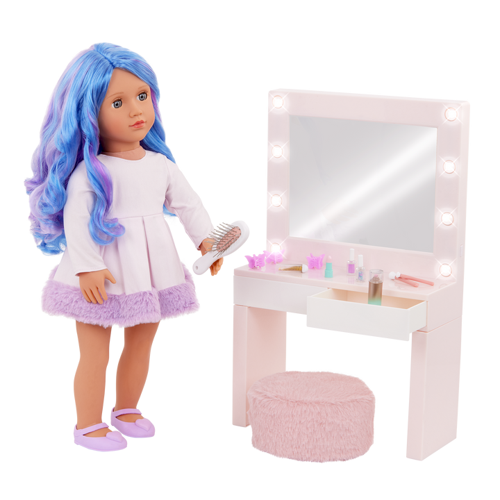 Glam & Glow Vanity Set - Pale Pink Dressing Table with Pouffe & Accessories - Vanity with Lights - Doll Furniture - Accessories for 46cm Dolls - Our Generation UK