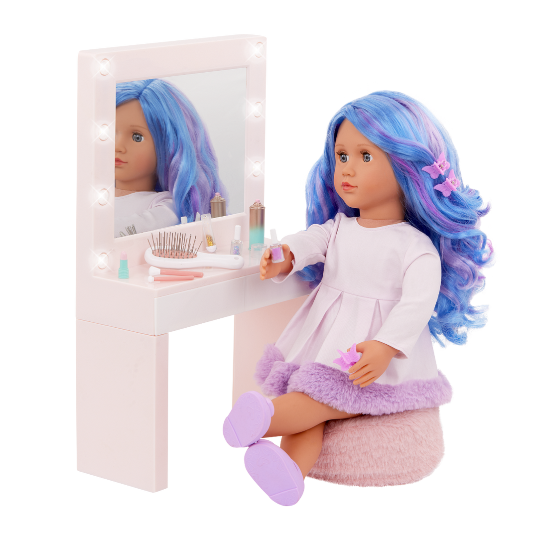 Glam & Glow Vanity Set - Pale Pink Dressing Table with Pouffe & Accessories - Vanity with Lights - Doll Furniture - Accessories for 46cm Dolls - Our Generation UK