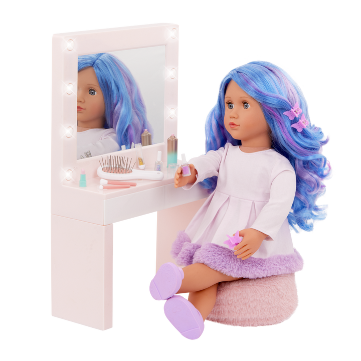 Glam & Glow Vanity Set - Pale Pink Dressing Table with Pouffe & Accessories - Vanity with Lights - Doll Furniture - Accessories for 46cm Dolls - Our Generation UK