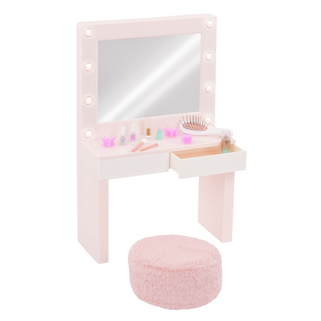 Glam & Glow Vanity Set - Pale Pink Dressing Table with Pouffe & Accessories - Vanity with Lights - Doll Furniture - Accessories for 46cm Dolls - Our Generation UK