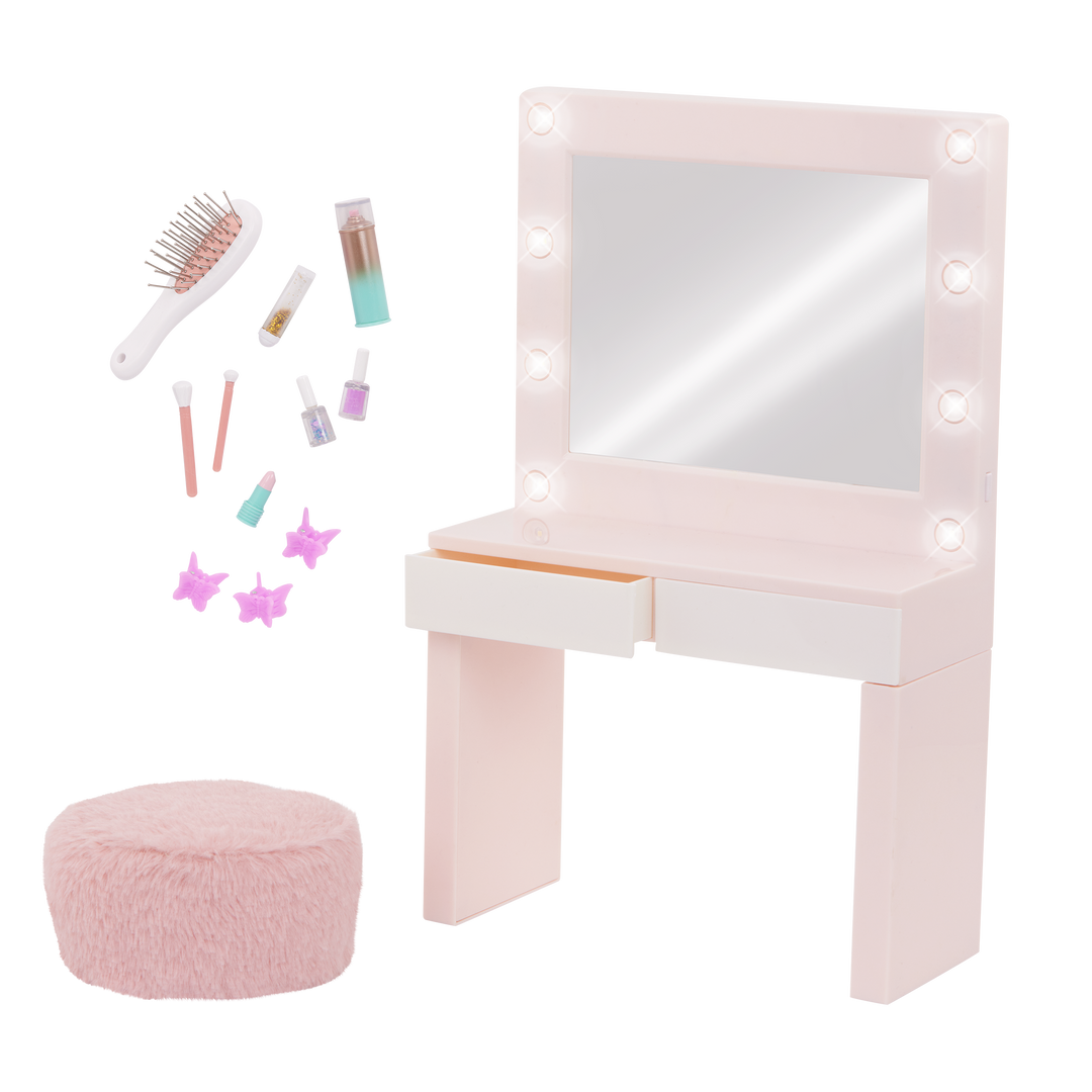 Glam & Glow Vanity Set - Pale Pink Dressing Table with Pouffe & Accessories - Vanity with Lights - Doll Furniture - Accessories for 46cm Dolls - Our Generation UK