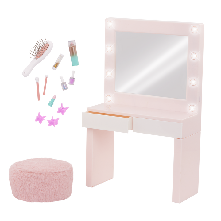 Glam & Glow Vanity Set - Pale Pink Dressing Table with Pouffe & Accessories - Vanity with Lights - Doll Furniture - Accessories for 46cm Dolls - Our Generation UK