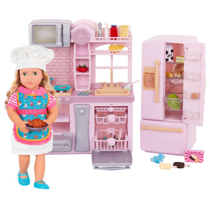 Gourmet Kitchen Set Pink - Our Generation Kitchen Playset for 46cm Dolls - Toy Kitchen with Cooking & Food Accessories - Toys & Gifts for Kids - Doll Accessory - Our Generation UK