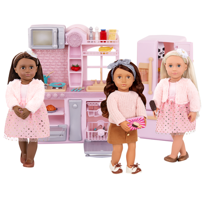 Gourmet Kitchen Set Pink - Our Generation Kitchen Playset for 46cm Dolls - Toy Kitchen with Cooking & Food Accessories - Toys & Gifts for Kids - Doll Accessory - Our Generation UK