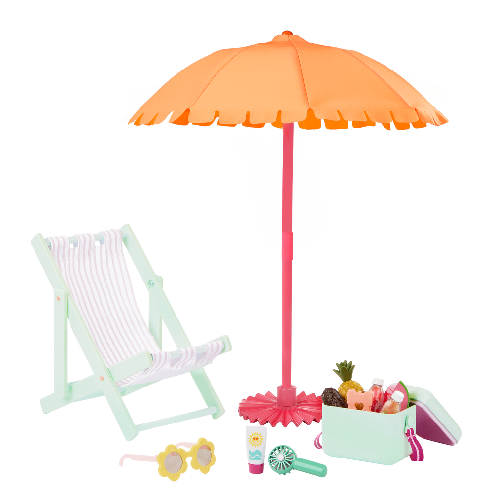 Sunny & Cool Patio Set - Outdoor Accessories for Dolls - Doll Deck Chair, Umbrella & Food Accessories - Our Generation UK