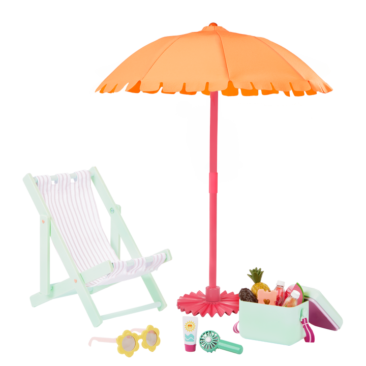 Sunny & Cool Patio Set - Outdoor Accessories for Dolls - Doll Deck Chair, Umbrella & Food Accessories - Our Generation UK