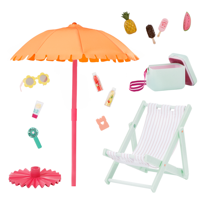 Sunny & Cool Patio Set - Outdoor Accessories for Dolls - Doll Deck Chair, Umbrella & Food Accessories - Our Generation UK
