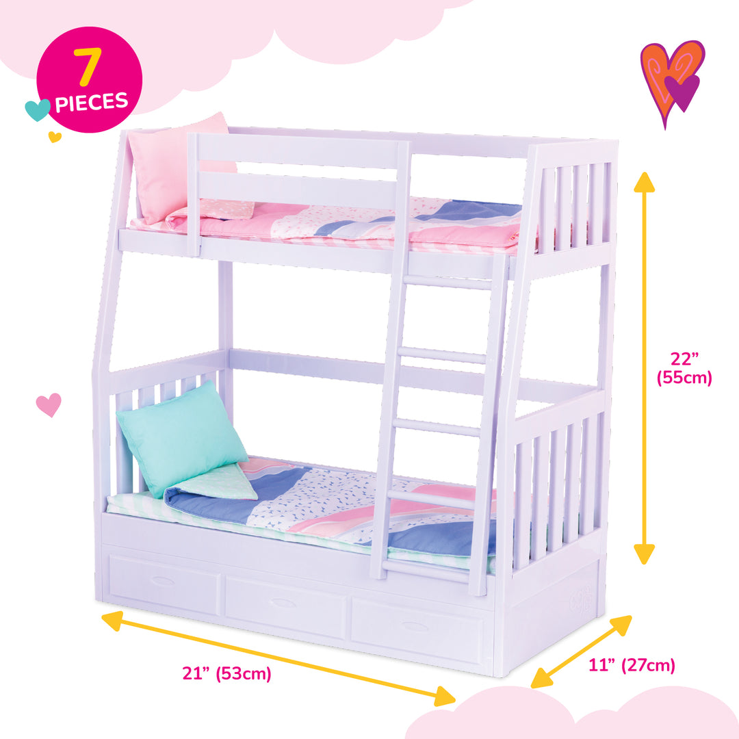 Dream Bunks - Bunk Beds for 46cm Dolls - Lilac Beds with Doll Bedding - Furniture for 46cm Dolls - Dollhouse Furniture - Our Generation UK