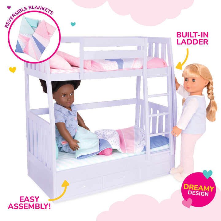 Dream Bunks - Bunk Beds for 46cm Dolls - Lilac Beds with Doll Bedding - Furniture for 46cm Dolls - Dollhouse Furniture - Our Generation UK