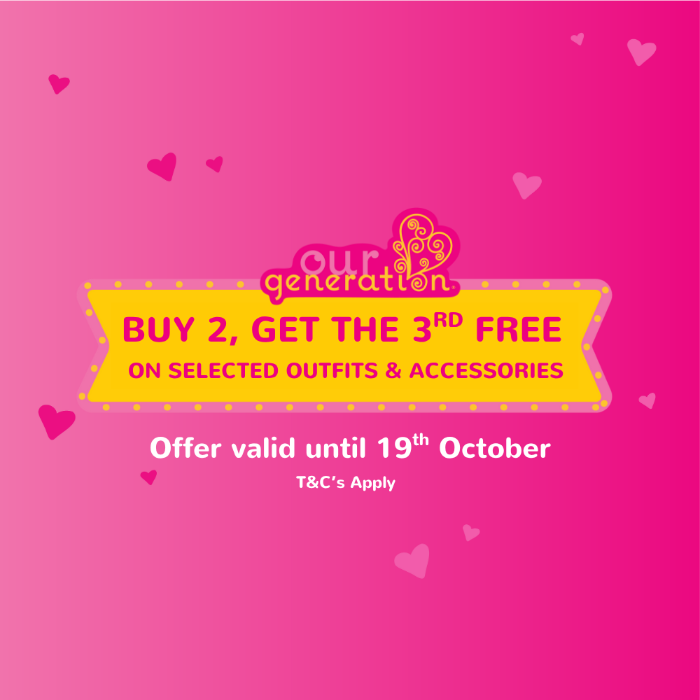 Buy 2, get the 3rd FREE on selected Our Generation outfits & accessories. Only until 19th October, T&C's Apply - Our Generation UK