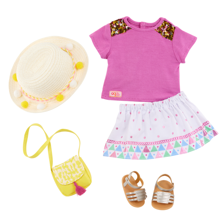 Vacation Style - Summer Holiday Outfit for OG Dolls - Top, Skirt, Bag, Summer Hat & Sandals - Our Generation UK