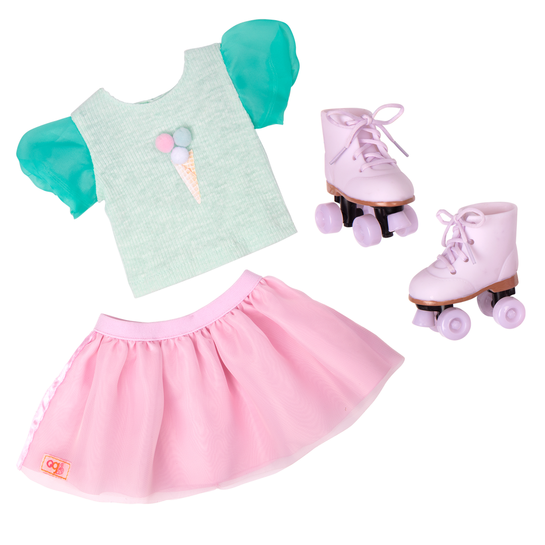 Scoopalicious - Ice Cream Outfit for 46cm Dolls - Top, Skirt & Rollerblades - Doll Clothes - Our Generation UK