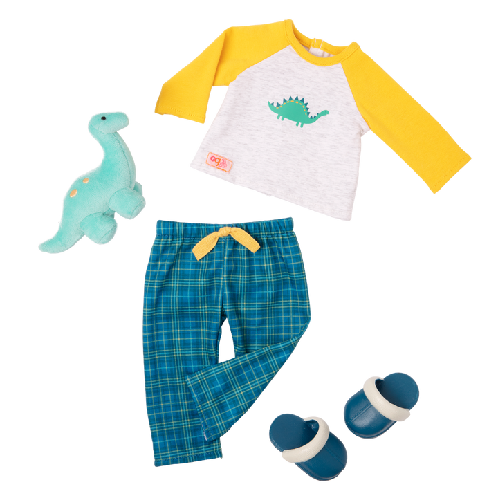 Dino-Snores - 46cm Pyjama Set - Boy Doll Clothes - PJ Set with Dinosaur Pillow for Dolls - Our Generation UK