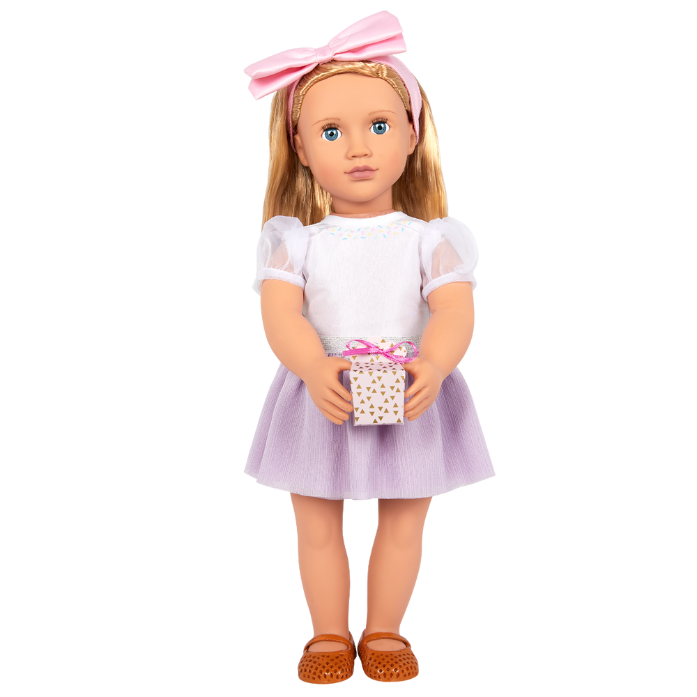 Sweet Wishes - 46cm Doll Outfit - OG Birthday Outfit - Purple Skirt, Top, Hair Bow & Present - Our Generation UK