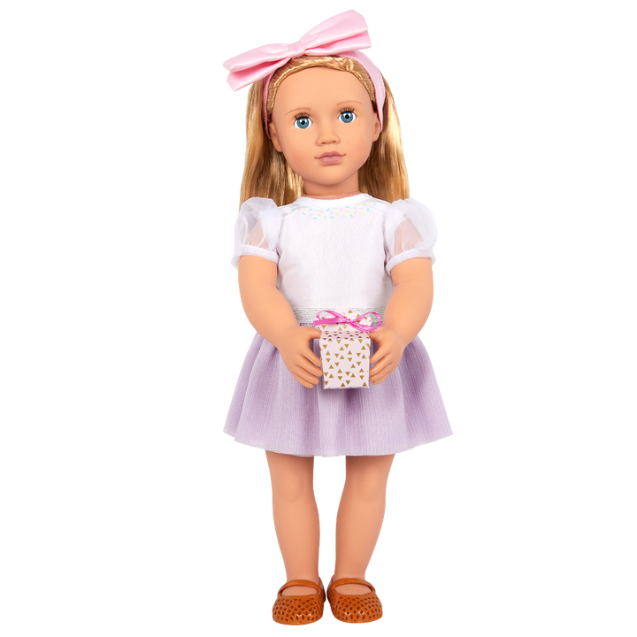 Sweet Wishes - 46cm Doll Outfit - OG Birthday Outfit - Purple Skirt, Top, Hair Bow & Present - Our Generation UK