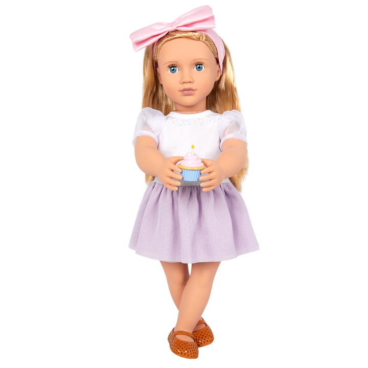 Sweet Wishes - 46cm Doll Outfit - OG Birthday Outfit - Purple Skirt, Top, Hair Bow & Present - Our Generation UK