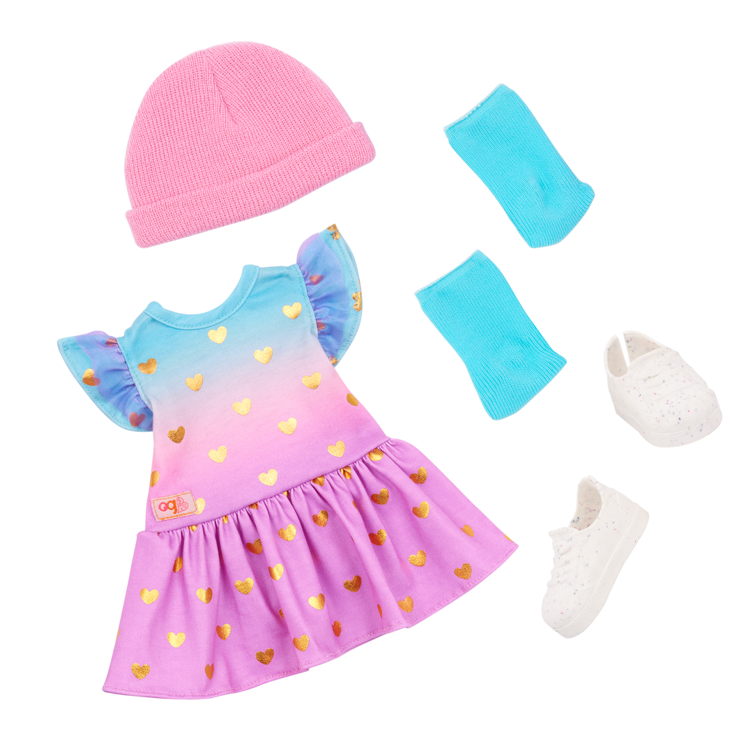 Lovely Hearts - Dress for 46cm Dolls - Pink & Blue Dress with Heart Print - Doll Clothing - Our Generation