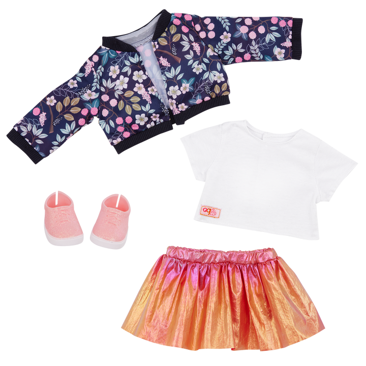 Bloomy Blossom - 46cm Clothes for Dolls - Flower Jacket, Orange Skirt & White Top - Our Generation UK