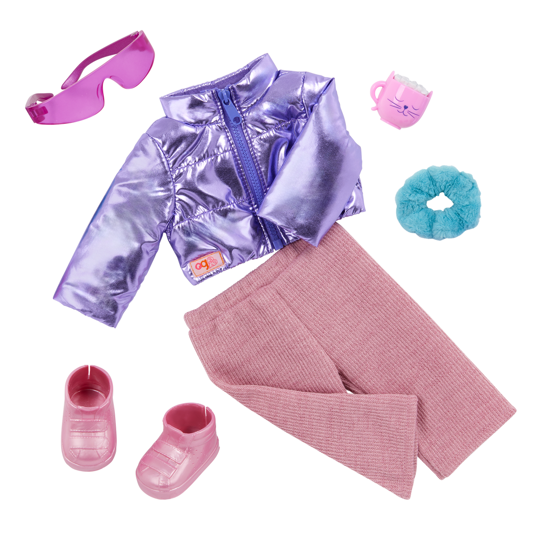Puffy & Comfy - Winter Outfit for 46cm Dolls - Purple Coat & Pink Trousers - Doll Clothes - Our Generation UK