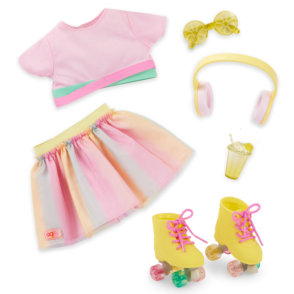 Rollerblades & Lemonade - Colourful Outdoor Outfits with Rollerblades - Skirt & Top - Doll Clothes - Our Generation
