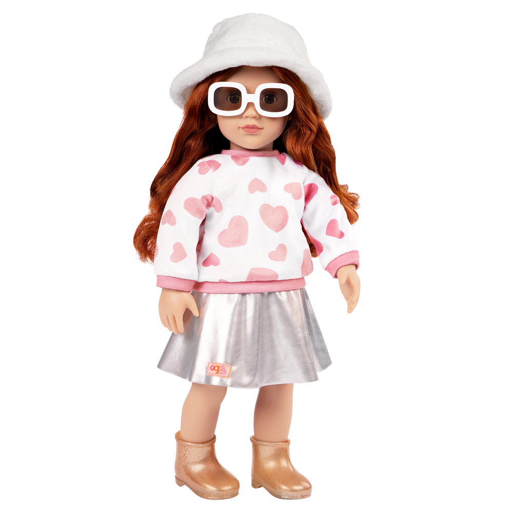 Furry Fun - 46cm Winter Outfit - Top & Skirt with Accessories - Silver Skirt & Heart Print Top - OG Doll Clothes - Our Generation
