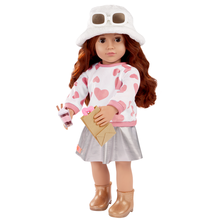 Furry Fun - 46cm Winter Outfit - Top & Skirt with Accessories - Silver Skirt & Heart Print Top - OG Doll Clothes - Our Generation