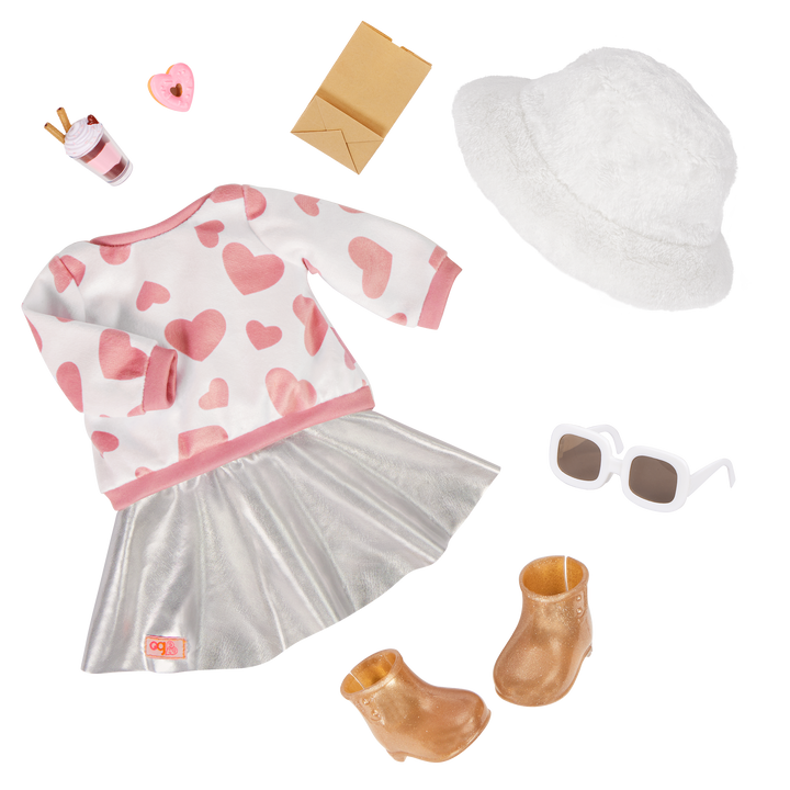 Furry Fun - 46cm Winter Outfit - Top & Skirt with Accessories - Silver Skirt & Heart Print Top - OG Doll Clothes - Our Generation