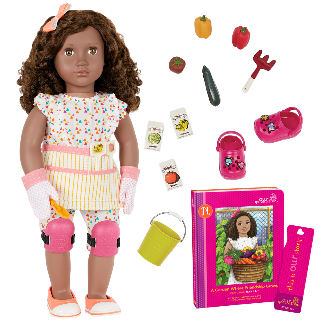 Nahla - 46cm Gardening Doll - OG Doll with Brown Hair & Brown Eyes - Doll with Story Book - Summer Toys - Toys & Gifts for Kids - Our Generation UK