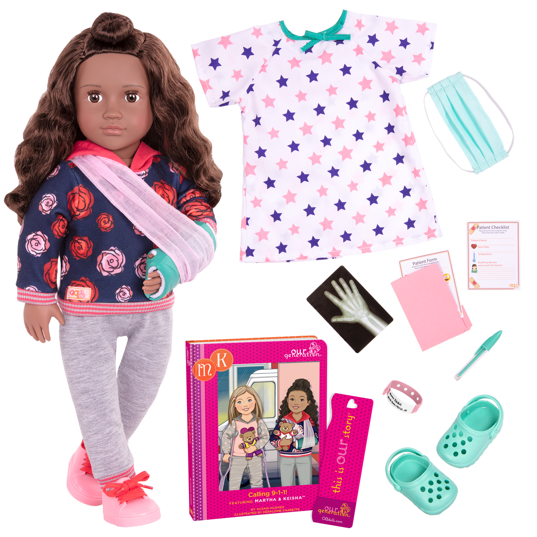 Keisha - 46cm Doll - Doll with Medical Accessories - Brown Hair & Brown Eyes - Doll with x2 Outfits & Storybook - Doll with Arm Cast - Toys & Gifts - Our Generation