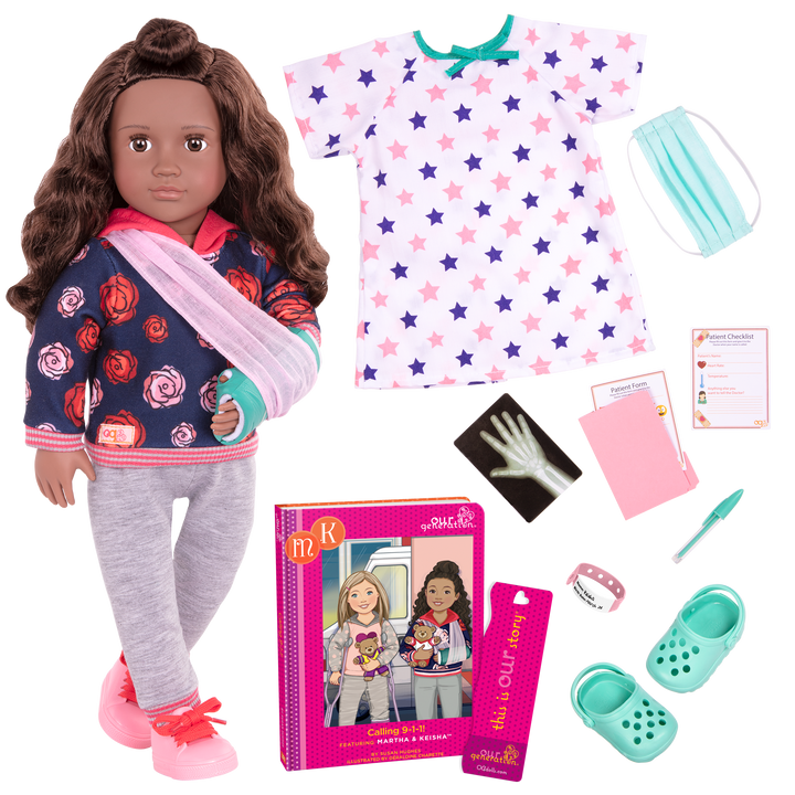 Keisha - 46cm Doll - Doll with Medical Accessories - Brown Hair & Brown Eyes - Doll with x2 Outfits & Storybook - Doll with Arm Cast - Toys & Gifts - Our Generation