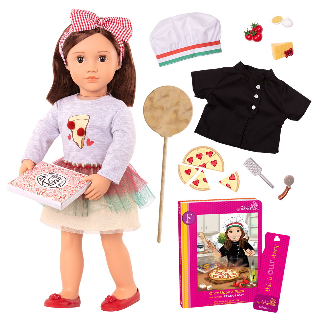 Francesca - 46cm Pizza Doll - OG Doll with Brown Hair & Brown Eyes - Doll with Storybook - Toys & Gifts for Children - Toys for 3 Years + - Our Generation UK