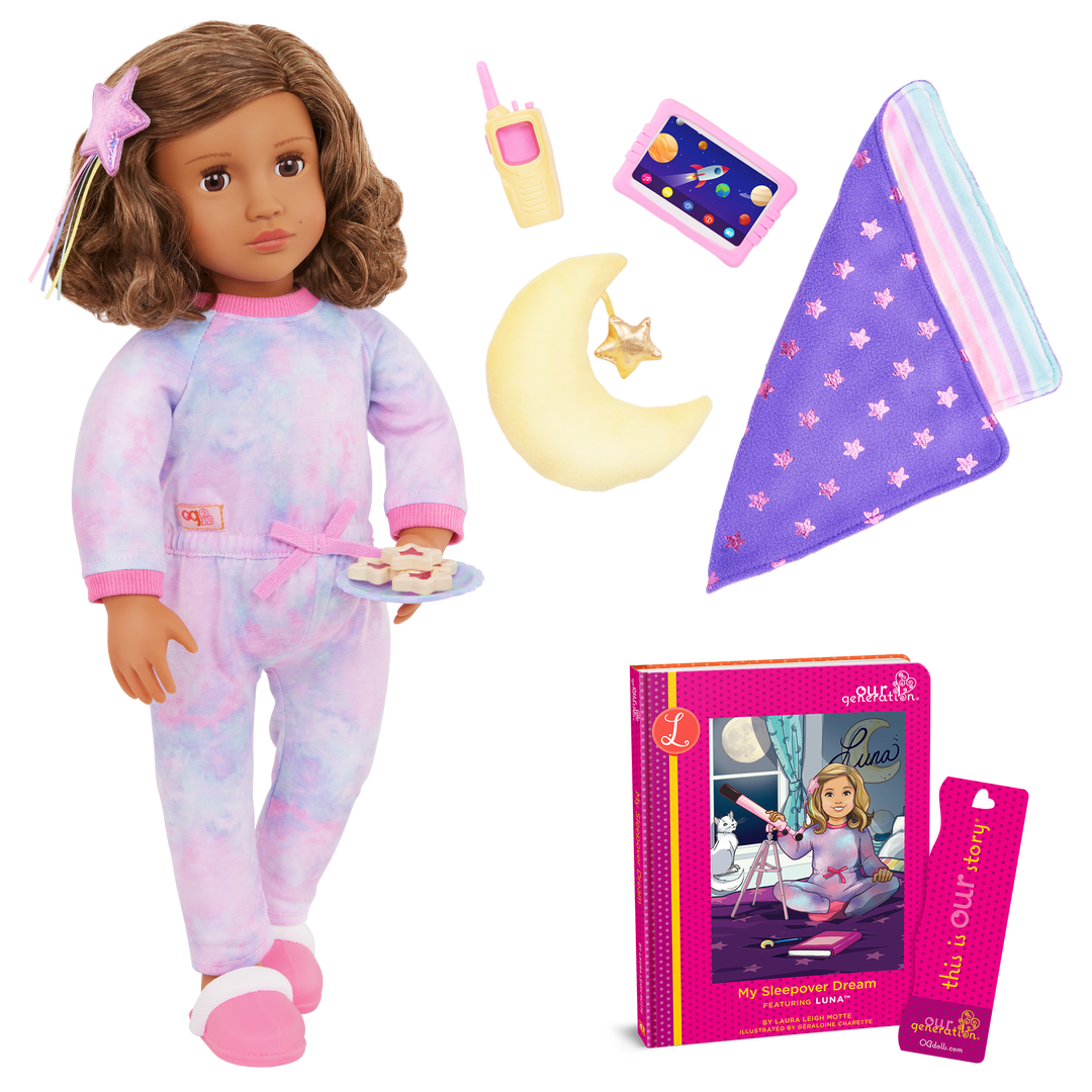 Luna - 46cm Sleepover Doll - OG Doll with Brown Hair & Eyes - Doll with Book and Sleepover Accessories - Toys & Gifts for Kids - Our Generation UK