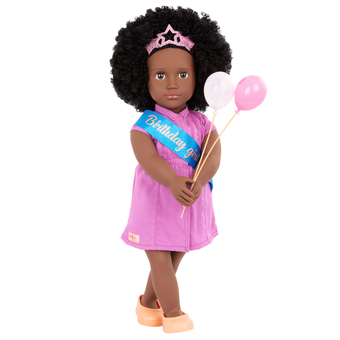 Kehlani - 46cm Birthday Party Doll - OG Doll with Brown Hair & Eyes - Birthday Sash & Balloons - Toys & Gifts for Kids - Our Generation