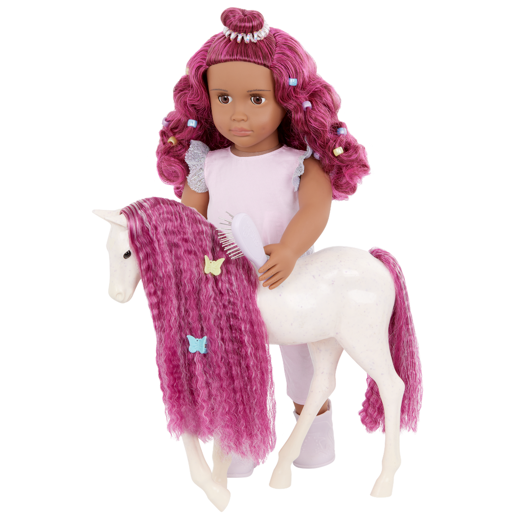 Estra & Delta - 46cm Doll & Pet Foal - Doll with Fuchsia Hair & Brown Eyes - Foal with Fuchsia Hair & Brush - Toys for Kids - Gifts for Girls - Our Generation UK