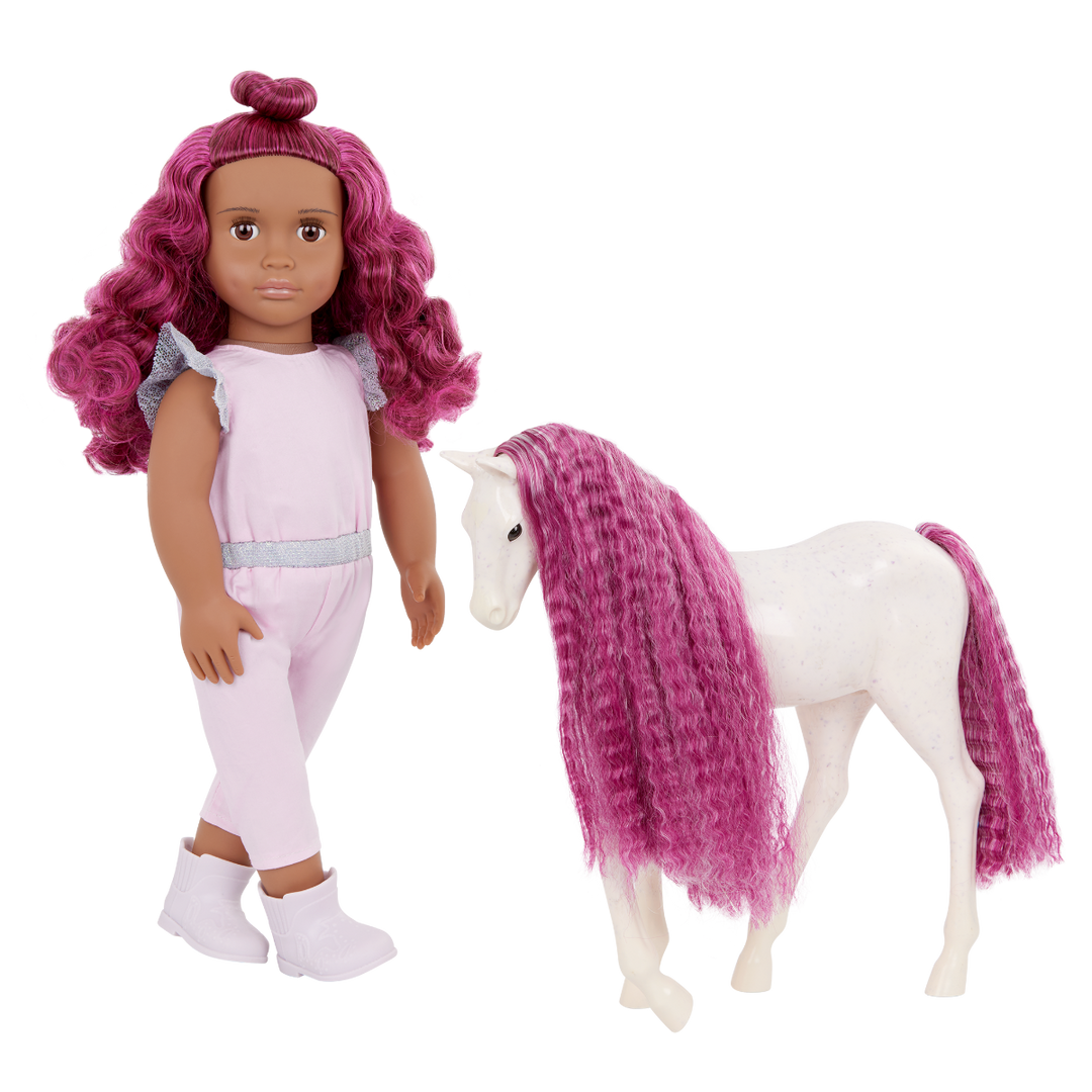 Estra & Delta - 46cm Doll & Pet Foal - Doll with Fuchsia Hair & Brown Eyes - Foal with Fuchsia Hair & Brush - Toys for Kids - Gifts for Girls - Our Generation UK